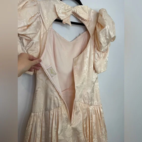 Romantic champagne vintage dress puffy sleeves lace cottagecore tulle - Picture 11 of 16